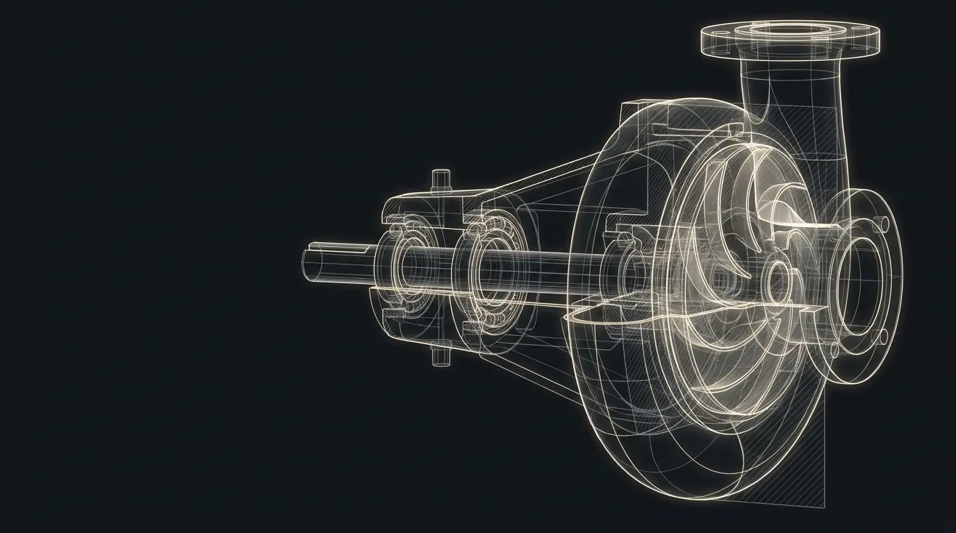 Holographic wireframe cross-section of a centrifugal pump, its four sensor pathways converging on a glowing node labeled Sentys.