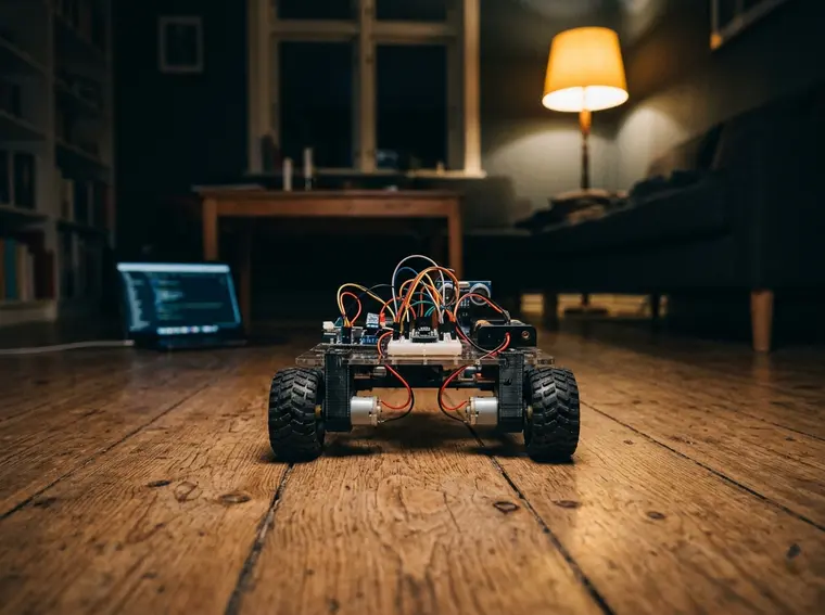 A small home-built wheeled robot on a living-room floor, lit by a single lamp